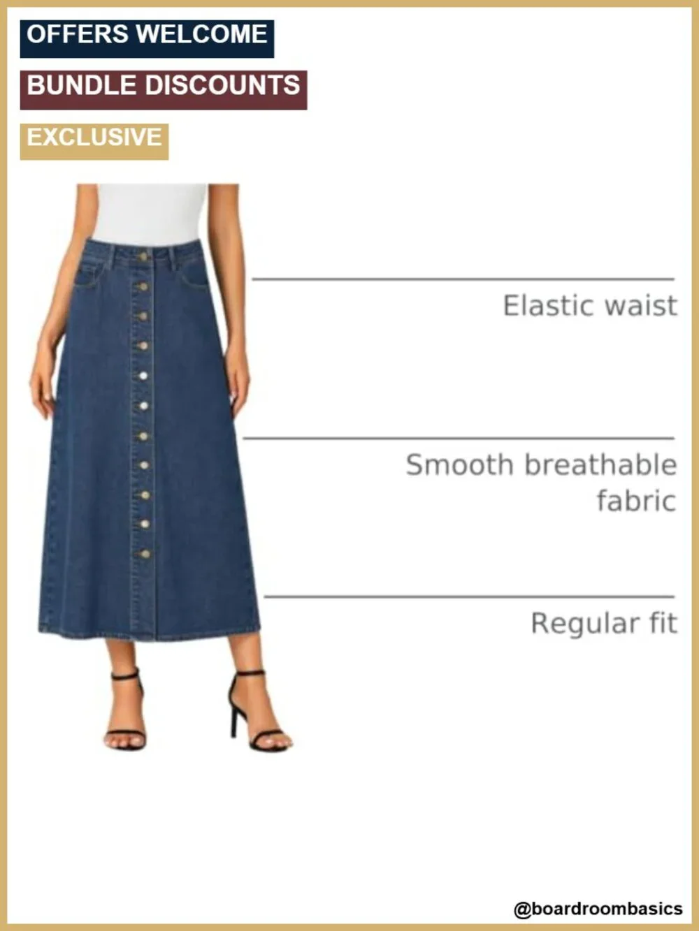 Button Front A-Line Midi Denim Skirt with Pockets